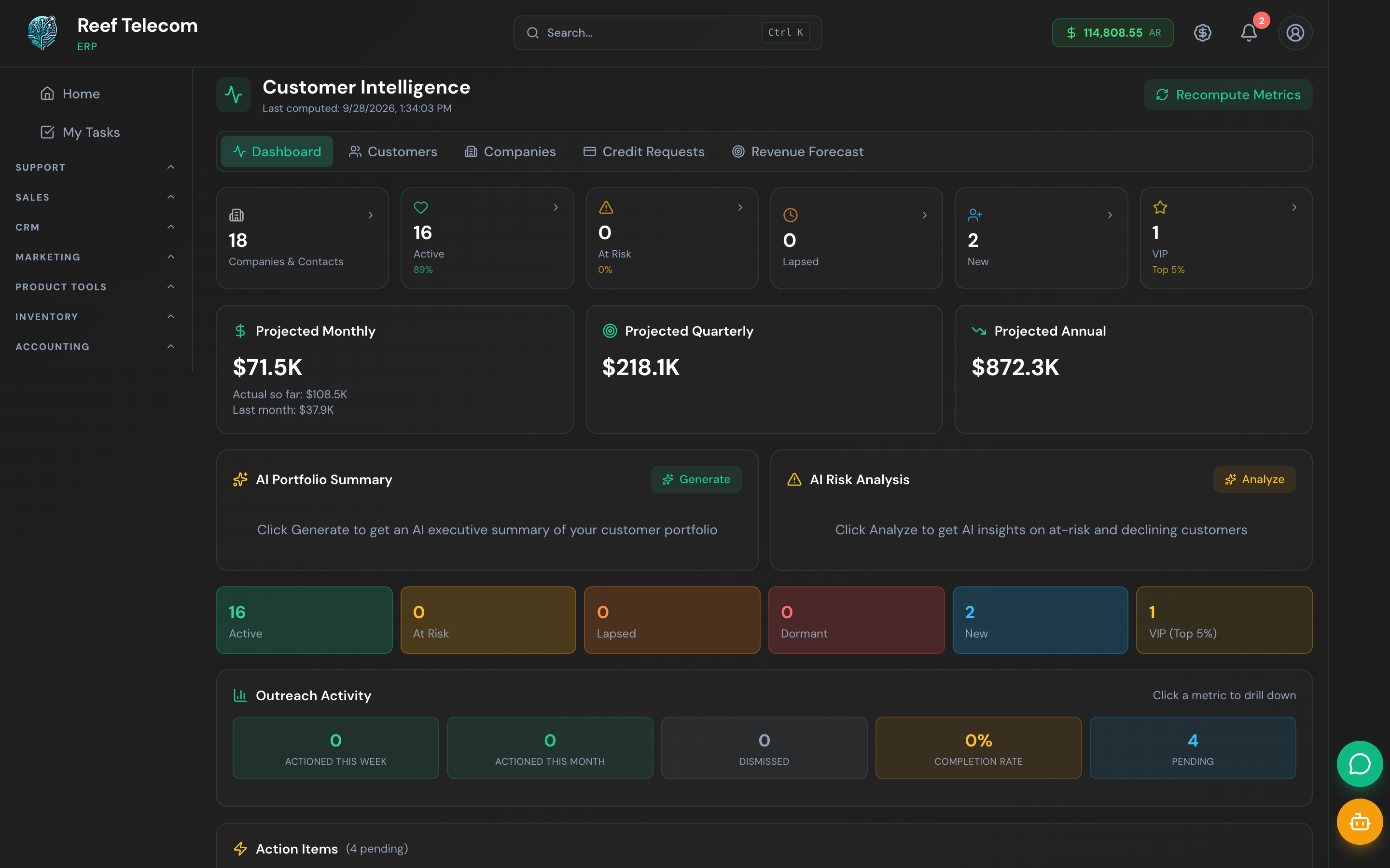 CRM dashboard with revenue forecast, follow-up tasks and at-risk accounts
