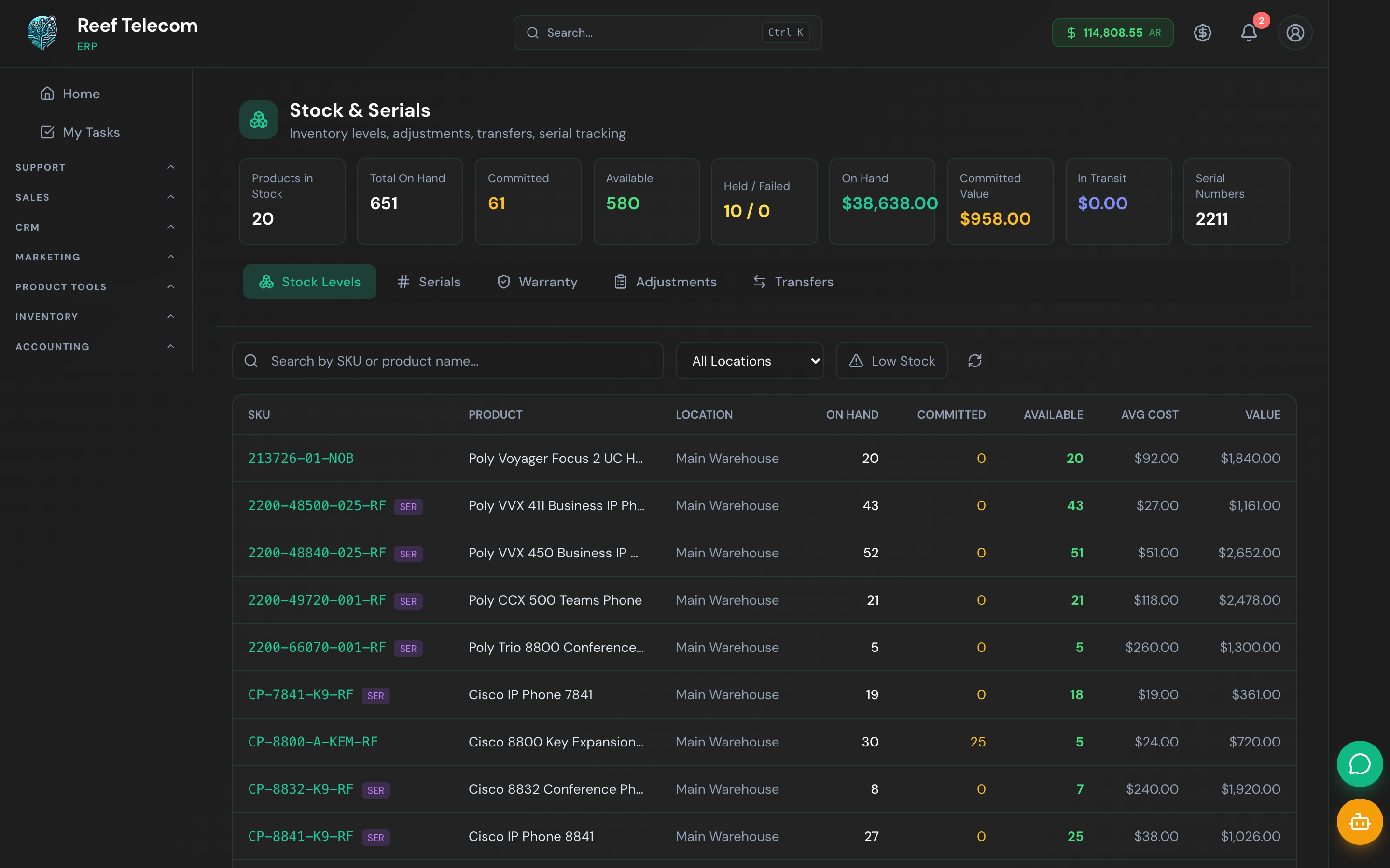 Serialized inventory list showing serial numbers, status, location and linked orders