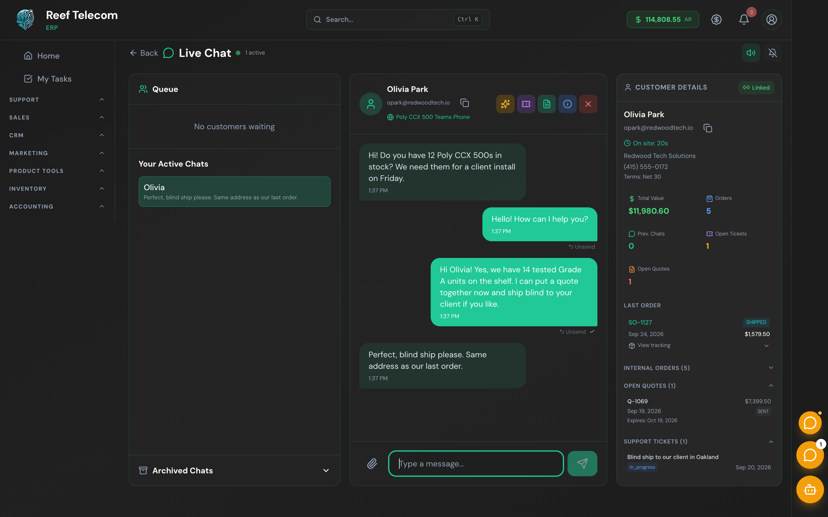 Live chat console with the customer's order history, open quotes and tickets beside the conversation