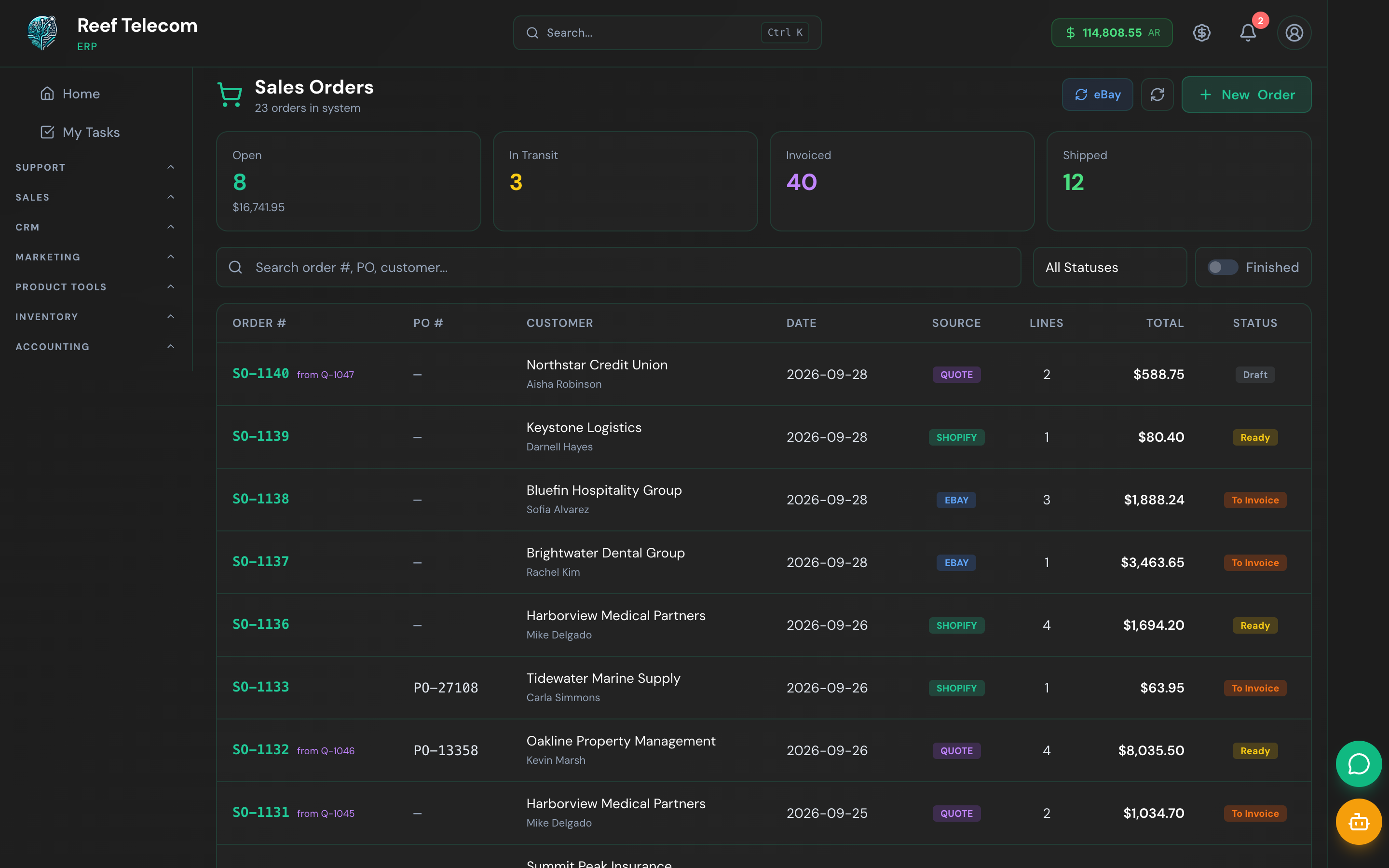 Sales order list showing open orders, fulfillment status and customers